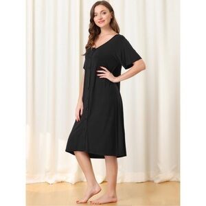 NWT cheibear Women's Short Sleeve Button Down Midi Pajama Dress Black Size Small